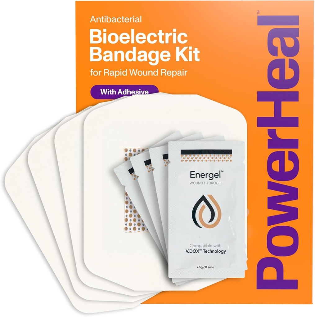 PowerHeal Bioelectric Bandage Kit for Wound Care & Fast Healing – 3-Layers w/Bioelectric Pad, Absorbent Pad, Adhesive + Wound Hydrogel – για περικοπές, εκδορές, blisters, Burns – 4-Pack, 4” x 4”