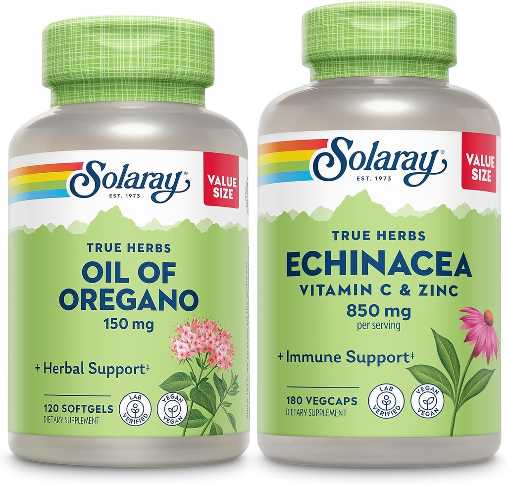 SOLARAY Oil Softgels και Echinacea, VIT C & Zinc Ανοσοποιητικό συμπλήρωμα υποστήριξης - Ρίγανο Oil και Echinacea Κάψουλες w/Vitamin C 500mg Plus Bioflavonoids, Vegan, 60-Day Εγγύηση, 120ct/180ct