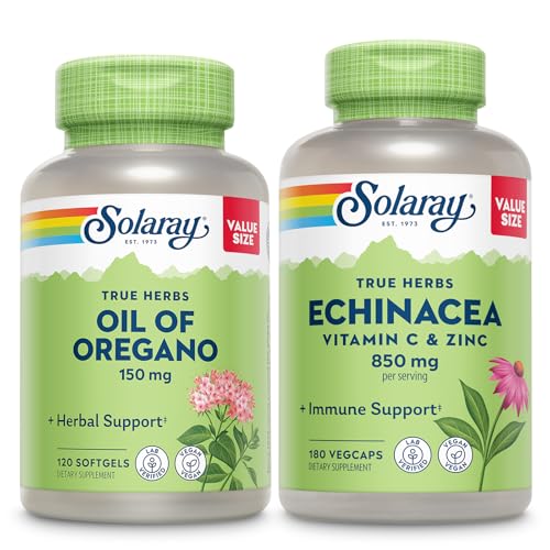 SOLARAY Oil Softgels και Echinacea, VIT C & Zinc Ανοσοποιητικό συμπλήρωμα υποστήριξης - Ρίγανο Oil και Echinacea Κάψουλες w/Vitamin C 500mg Plus Bioflavonoids, Vegan, 60-Day Εγγύηση, 120ct/180ct