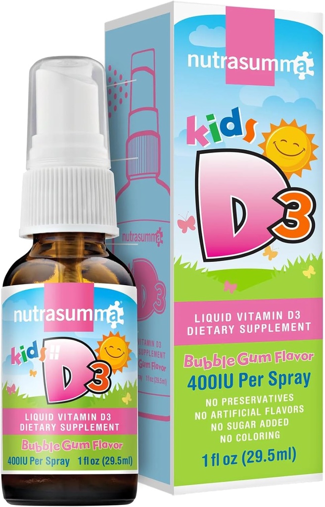 Nutrasumma Kids Βιταμίνη D3 400 IU Spray Bubble Gum Flavor-1oz- Φυσικώς υψηλό ποσοστό απορρόφησης υποστηρίζει το συμπλήρωμα βιταμίνης του ανοσοποιητικού συστήματος