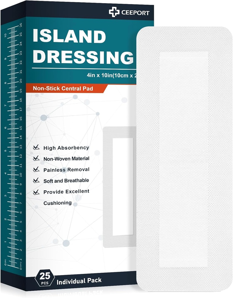 Νησί Dressing Συνοριακός Gauze 4"x10", 25 Ατομικά συσκευάζεται μη Stick Pad στο κέντρο με προσκόλληση συνόρων,Soft & υψηλό απορροφητικό ιατρικό βαθμό Dressing Gauze Pad για φροντίδα τραύματος και πρώτες βοήθειες