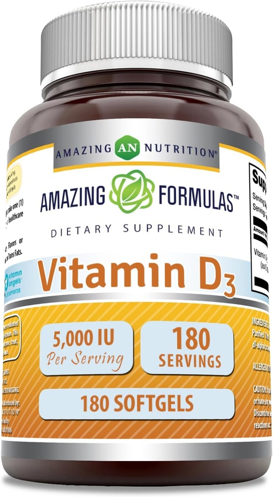 Amazing Formulas Vitamin D3 (Cholecalciferol) Supplement | 5000 IU per Serving | 180 Softgels | Non-GMO | Gluten-Free | Made in USA