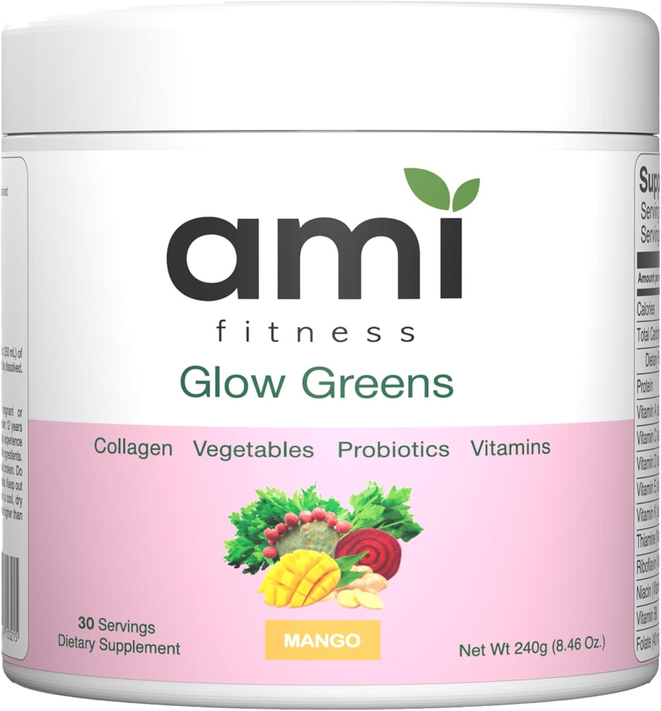 Glow Greens Powder, Κολλαγόνο με Προβιοτικά, Βιταμίνες, Digestive Ένζυμα, Superfoods, Υγεία των Ούλων, Ανακουφιστικό, Ραδιενεργό Δέρμα, Φυσικό Λάμψη, Σπιρουλίνα, Χυμός Mix, 30 SVG, Mango