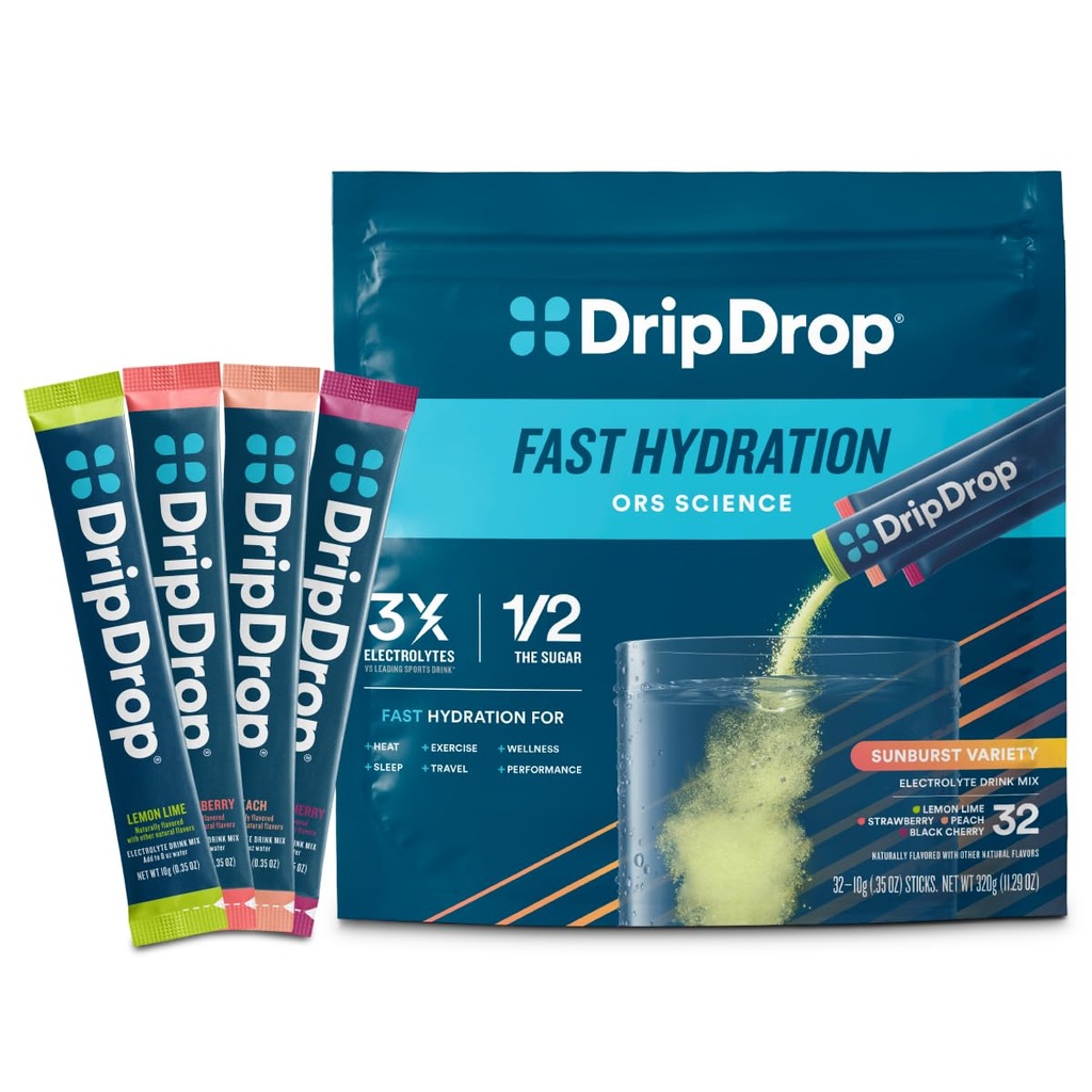 DripDrop Hydration Packets - Sunburst Variety Pack - Single Σερβίρετε Ηλεκτρολύτες Powder Drink Mix - Λεμόνι, Φράουλα, Ροδάκινο, Μαύρο Τσέρι - Μη Γλουτένη, Vegan - 32 Sticks