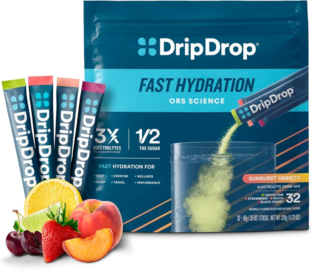 DripDrop Hydration Packets - Sunburst Variety Pack - Single Serve Electrolytes Powder Drink Mix - Lemon Lime, Strawberry, Peach, Black Cherry - Non-GMO, Gluten Free, Vegan - 32 Sticks