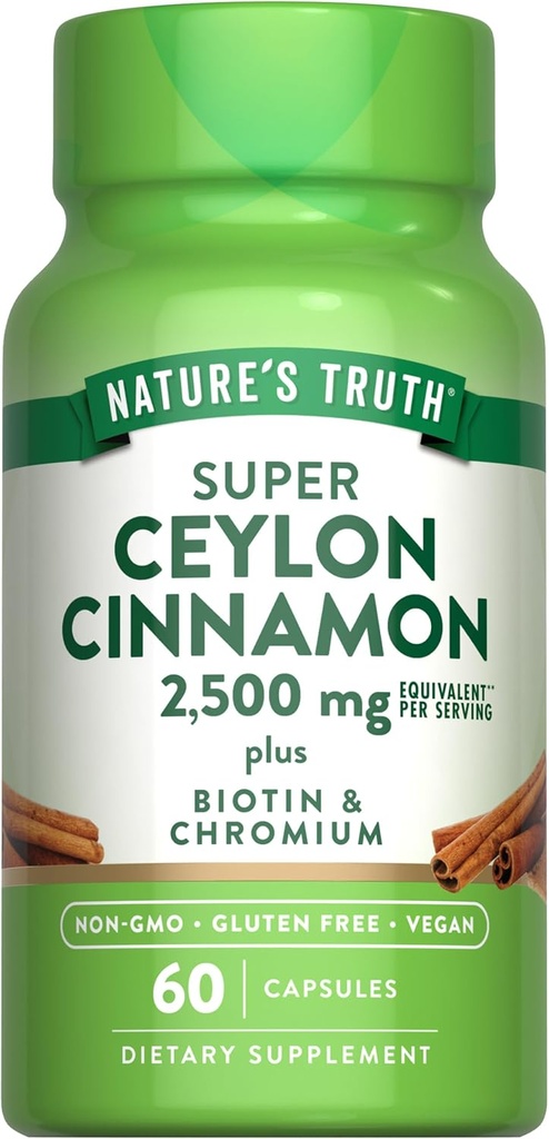 Nature's Truth Ceylon Cinnamon Capsules | 2500mg | plus Chromium and Biotin | 60 Count | Vegan, Non-GMO & Gluten Free Supplement