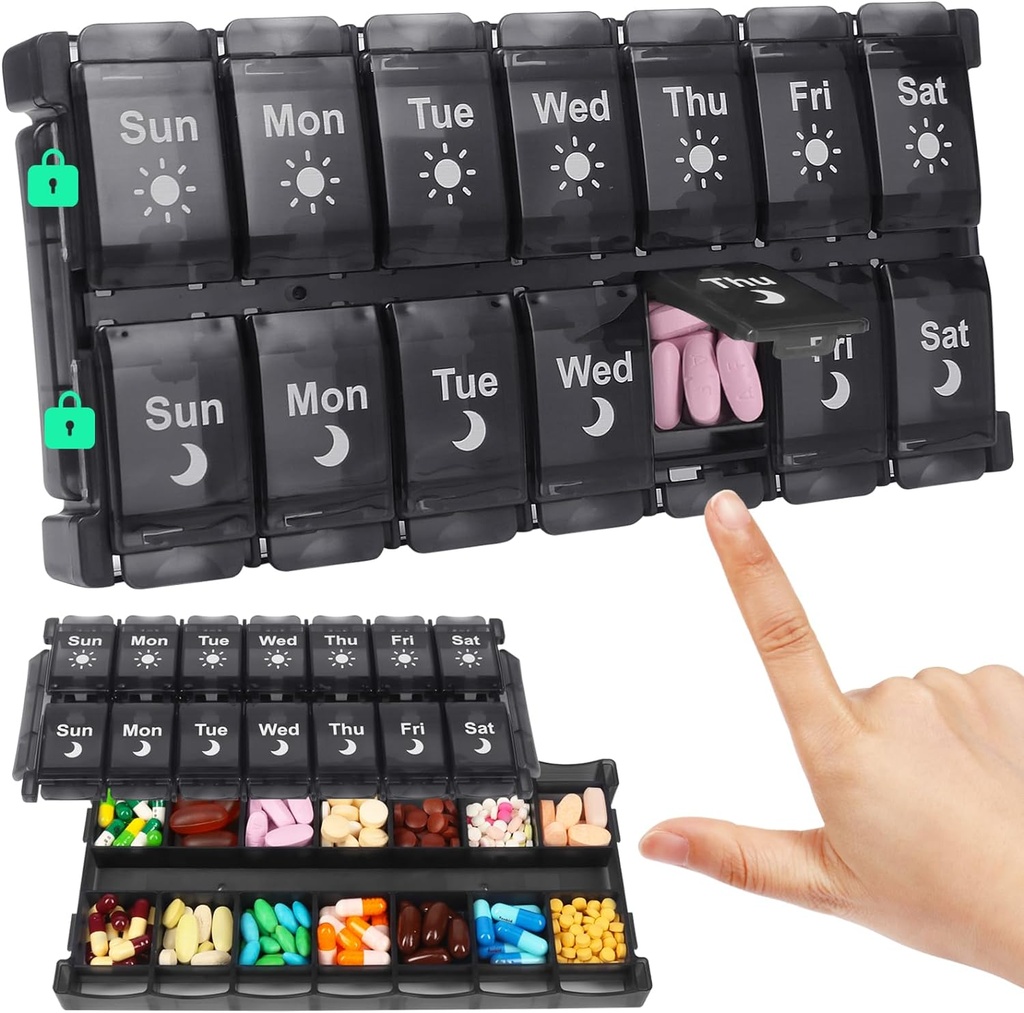 Shintop Weekly Pill Box 2 φορές την ημέρα, Easy Fill Medicine Hill Organizer Push Button Pill περίπτωση πρωί νύχτα Βιταμίνη Organizer για συμπληρώματα ιχθυέλαιου (μαύρο)