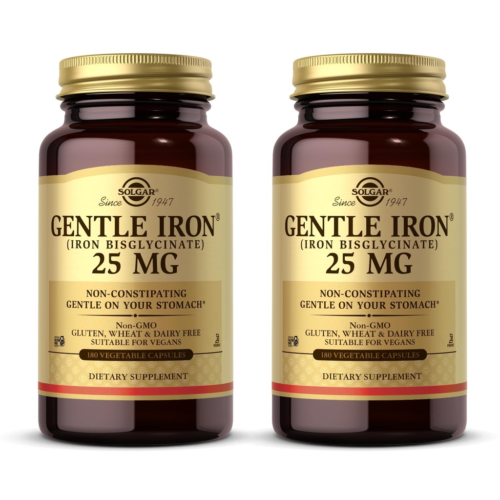Solgar Gentle Iron (Βιγλυκινικό Iron) 25 mg - 180 κάψουλες λαχανικών, Συσκευασία των 2 - Μη Συντηρητικό, Απαλό στο στομάχι σας - Μη ΓΤΟ, Χωρίς Γλουτένη - 360 Σύνολο Σερβιέτες