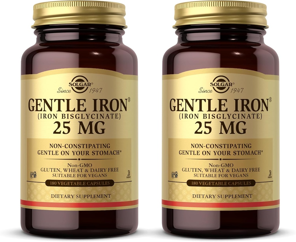 Solgar Gentle Iron (Βιγλυκινικό Iron) 25 mg - 180 κάψουλες λαχανικών, Συσκευασία των 2 - Μη Συντηρητικό, Απαλό στο στομάχι σας - Μη ΓΤΟ, Χωρίς Γλουτένη - 360 Σύνολο Σερβιέτες