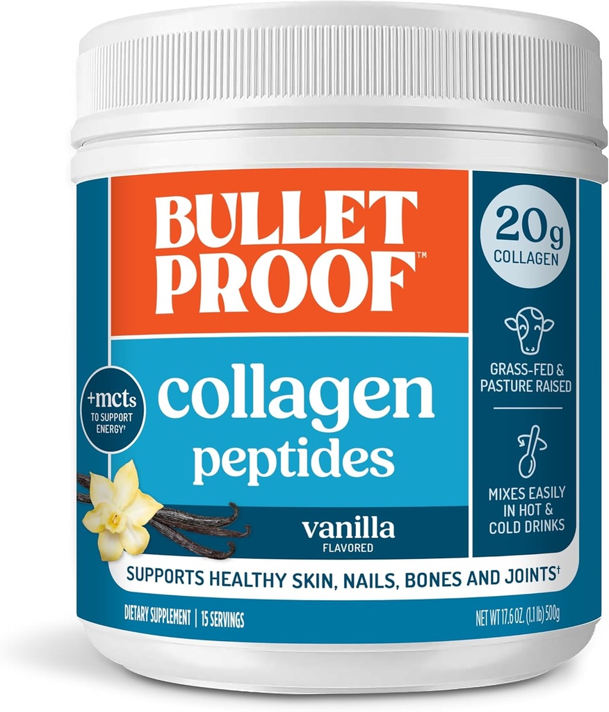 Αλεξίσφαιρη σκόνη Vanilla Collagen Peptides με λάδι MCT, 14.3 ουγγιά, πρωτεΐνη κολλαγόνου Grass-Fed για το δέρμα, τα οστά και την κοινή υποστήριξη, Pasture αυξάνεται, δεν προστίθενται ορμόνες, συσκευασία μπορεί Vary
