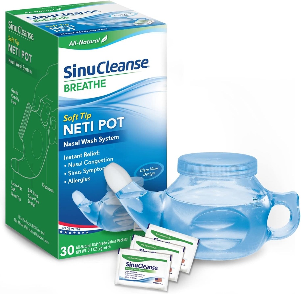 SinuCleanse Soft Tip Neti Pot Nasal Wash System, Relieves Nasal Congestion Due to Cold & Flu, Dry Air, Allergies, 30 All-Natural Saline Packets, Made in USA