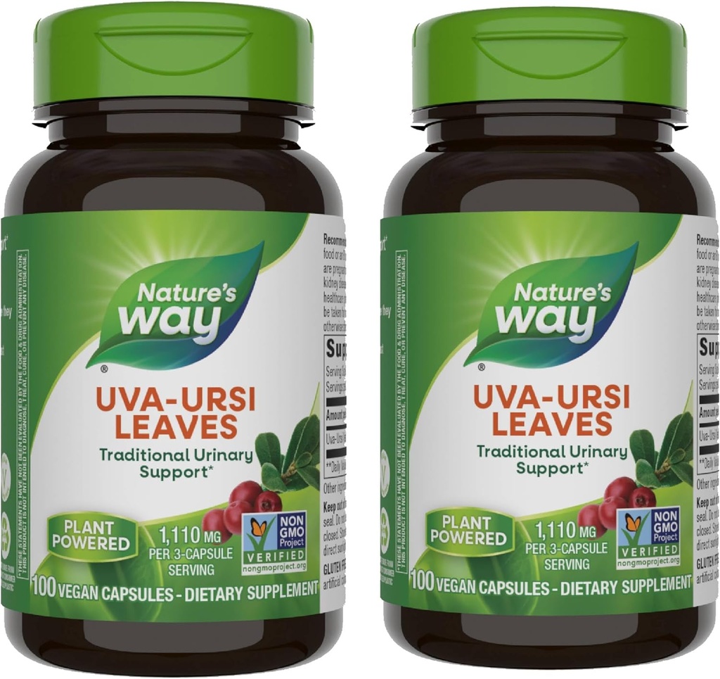 Nature's Way Uva Ursi Leaves, Traditional Urinary Support*, 1,110 mg ανά 3-Capsule Serving, Μη ΓΤΟ Πρόγραμμα Επαληθευμένο, Βοτανικό Συμπλήρωμα Διατροφής, 100 Κάψουλες Vegan (Packing May Vary) - 2 Pack