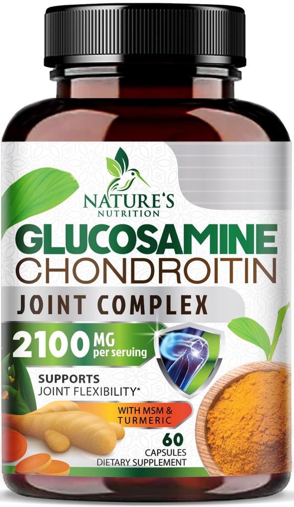 Γλυκοσαμίνη Chondroitin MSM 2100mg Complex - Κοινό συμπλήρωμα υποστήριξης για την κοινή κινητικότητα & άνεση για άνδρες και γυναίκες με Turmeric & Boswellia, Triple Strength Glucosamine Συμπληρώματα - 60 κάψουλες