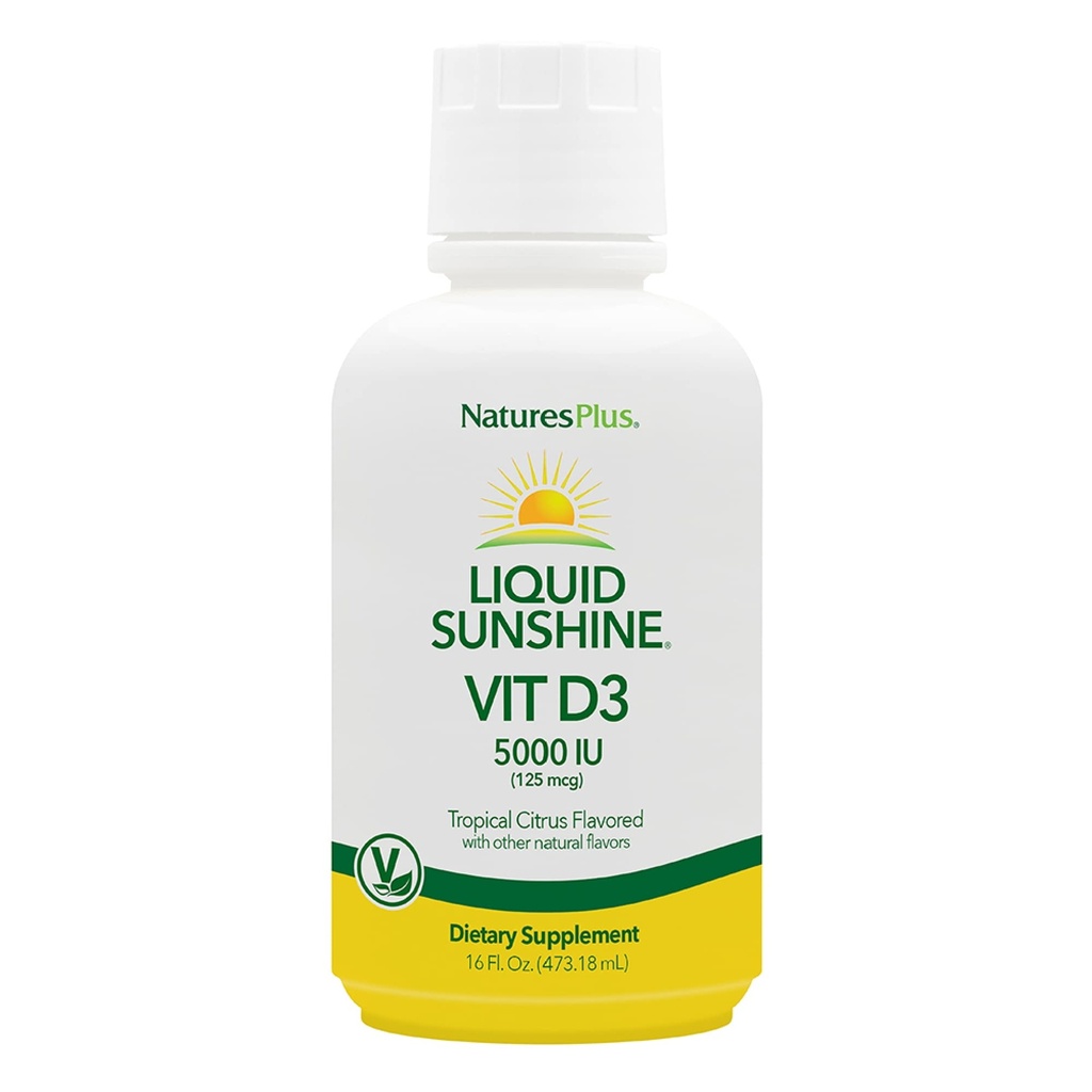 Natures Plus Liquid Sunshine Vitamin D3-5000 IU, 16 fl oz - Delicious Tropical Citrus Flavor - Υγεία των οστών, Υγεία της καρδιάς και ανοσοποιητικό σύστημα Υποστήριξη συμπλήρωμα - Χωρίς γλουτένη - 32 Σερβιέτες