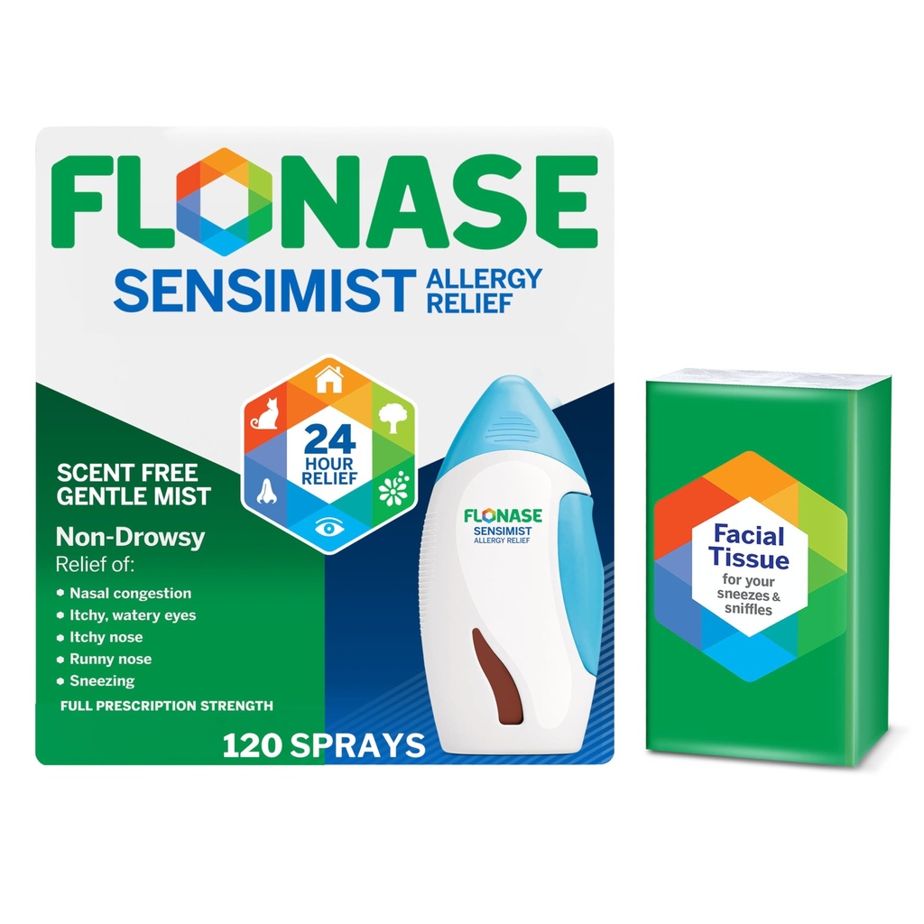Flonase Sensimist Allergy Relief Nasal Spray - Μη υπνηλία 24HR Long Lasting Allergy Relief with Fine, Scent-Free Mist - 120 Sprays Plus Bonus Pack of Tissers