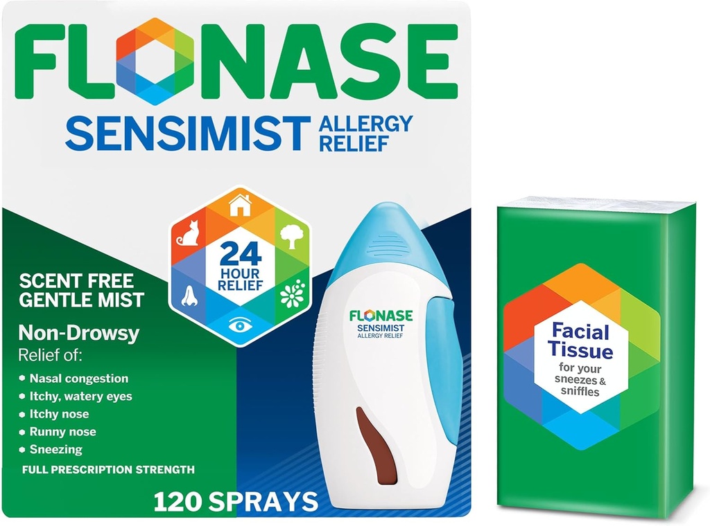 Flonase Sensimist Allergy Relief Nasal Spray - Μη υπνηλία 24HR Long Lasting Allergy Relief with Fine, Scent-Free Mist - 120 Sprays Plus Bonus Pack of Tissers