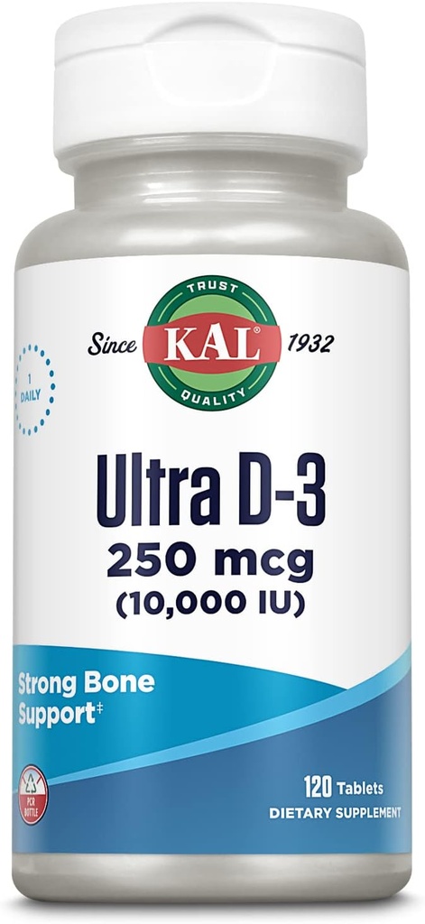 KAL Ultra Vitamin D3 10000 IU 250 mcg, Δισκία Υψηλής Ικανότητας Βιταμίνης D, Απορρόφηση ασβεστίου, Συμπλήρωμα Οστικής Υγείας και Ανοσολογικής Υποστήριξης, Ταχεία Αποσύνθεση D-3 ActivTabs, 120 Σερβιέτες, 120 Δισκία