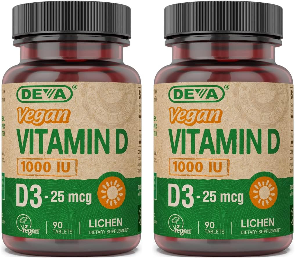 DEVA Vegan Vitamin D3 Supplement - Δισκίο μιας φοράς ανά ημέρα με 1000 IU - Χοληκαλσιφερόλη - Λίχεν Plant Derived - 90 Μικρά Δισκία, 2- Συσκευασία