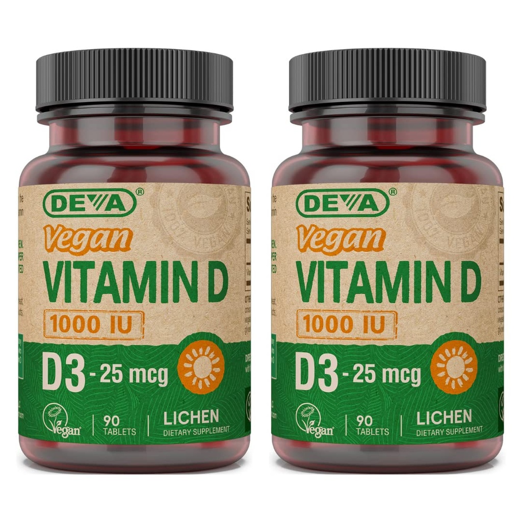 DEVA Vegan Vitamin D3 Supplement - Δισκίο μιας φοράς ανά ημέρα με 1000 IU - Χοληκαλσιφερόλη - Λίχεν Plant Derived - 90 Μικρά Δισκία, 2- Συσκευασία