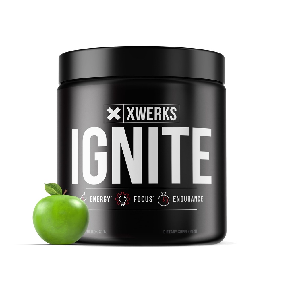Xwerks Ignite Green Apple Pre Workout Powder, Φυσική Keto Pre προπόνηση για γυναίκες και άνδρες με εκρηκτική ενέργεια, Gluten Free Blend για αντοχή και Stamina, 150mg καφεΐνη, 30 υπηρεσίες