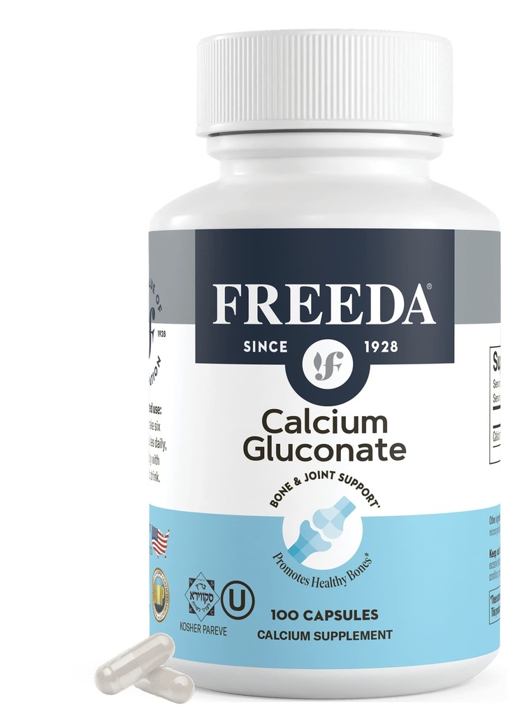 Freda Gluconate Ασβέστιο – Kosher Vegan Συμπλήρωμα ασβεστίου – Εύκολα Digest & Απορρόφηση – Υποστηρίζει την αντοχή των οστών – Αμιγές ασβέστιο χωρίς βιταμίνη D – (100 κάψουλες)