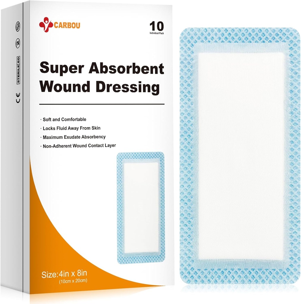 Carbou Super Απορροφητικό Πληγές Dressing Pads 4"x 8", 10 Ατομικό πακέτο, Μη Αυτοκόλλητες Απορροφητικές Επιδέσμες για Φροντίδα Τραυμάτων, Μαλακό Πολύ Απορροφητικό Dressing, Μη Stick Gauze Pads για Τραύματα