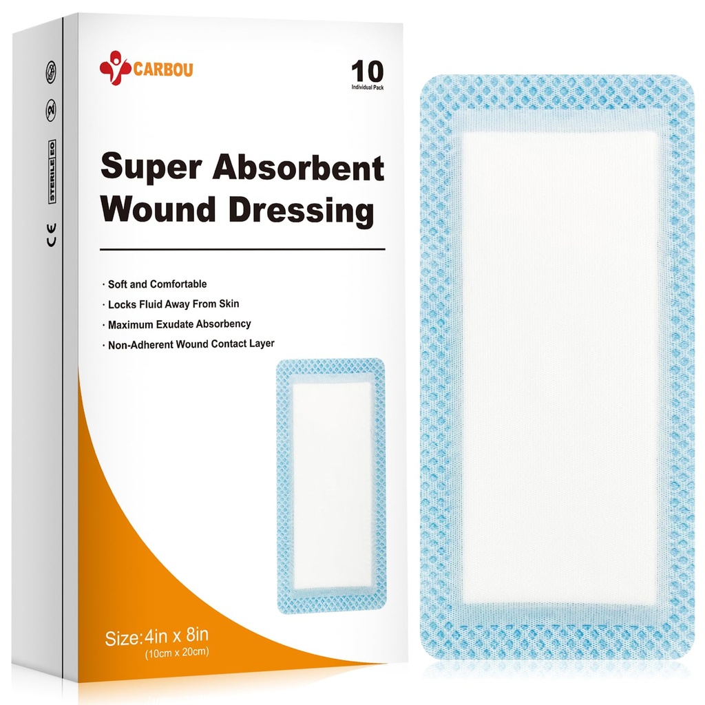 Carbou Super Απορροφητικό Πληγές Dressing Pads 4"x 8", 10 Ατομικό πακέτο, Μη Αυτοκόλλητες Απορροφητικές Επιδέσμες για Φροντίδα Τραυμάτων, Μαλακό Πολύ Απορροφητικό Dressing, Μη Stick Gauze Pads για Τραύματα