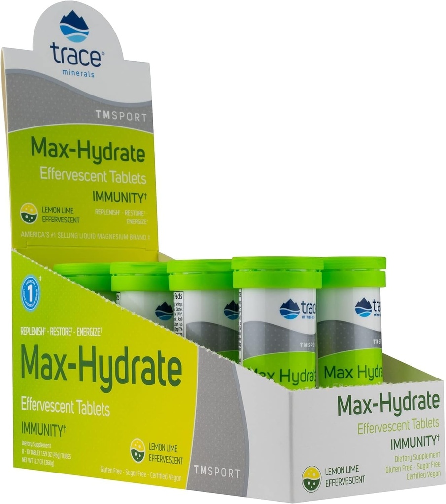 Trace Minerals Max-Hydrate Ανοσία - Ηλεκτρολυτικό συμπλήρωμα ποτών για την Ανοσολογική Υγεία & Ενυδάτωση Υποστήριξη - Συμπλήρωμα ζωτικότητας για να βοηθήσει την ανακούφιση μυών Cramp - λεμόνι Lime, 8 εμπορευματοκιβώτια (80 εξυπηρετούν)