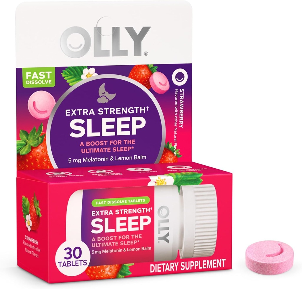 OLLY Extra Strength Sleep Fast Dissolve Tablets, 5mg μελατονίνη, Vegan, Φράουλα - 30ct