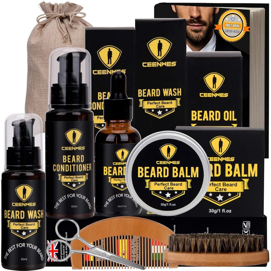 Ceenwes Αναβαθμισμένη Beard Grooming Kit - Conditioner, Oil, Brush, Comb, Balm, Ψαλίδι, Τσάντα αποθήκευσης για Beard και Mustache Trimming, Τέλειο Ανδρικό Δώρο