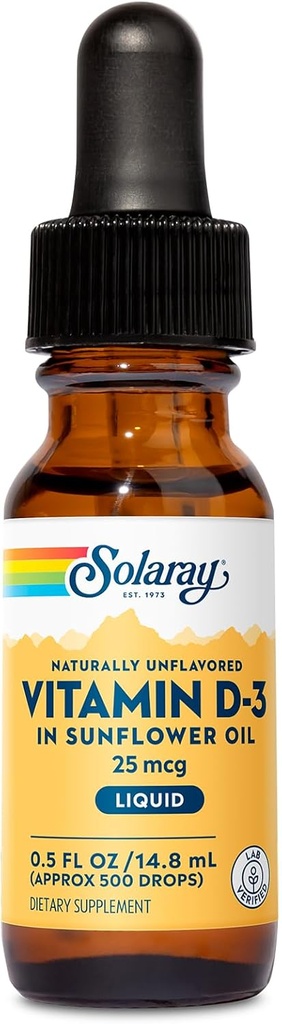 SOLARAY Βιταμίνη D3 Υγρές σταγόνες 25 mcg (1000 IU) - Ενισχυμένη απορρόφηση Σταγόνες βιταμίνης D σε ηλιέλαιο για VIT D3 Υποστήριξη - Φυσικά Αγεύση, Σταγονόμετρο Περιλαμβάνεται - Περίπου. 500 υπηρεσίες, 0,5 ουγκιά