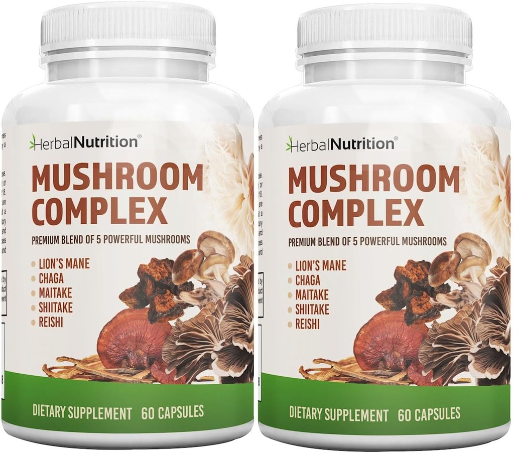 Βότανο Διατροφή Mushroom Complex 700mg έως 1400mg. Τα 5 πιο ισχυρά μανιτάρια - Lions Mane, Reishi, Chaga, Maitake, Shiitake - Υποστηρίζει την υγεία του ανοσοποιητικού, Nootropic Brain Health for Memory & Focus
