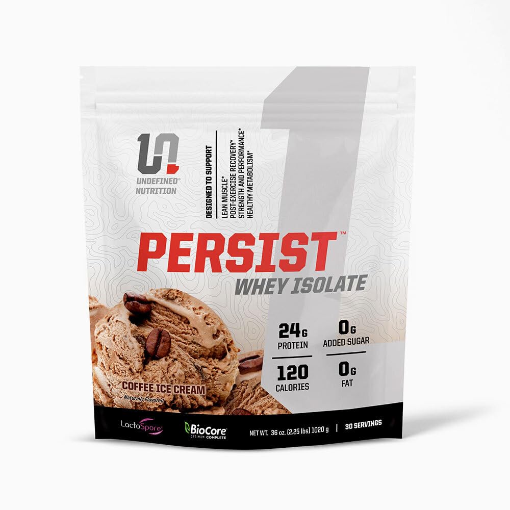 Απροσδιόριστη Διατροφή Persist Whey Isolate από Brian Shaw - 24g πρωτεΐνη, 30 υπηρεσίες – Υποστηρίζει την ανάκτηση, δύναμη & απόδοση - Χωρίς γλουτένη, γρήγορη απορρόφηση (2.18lbs, Coffee Ice Cream)