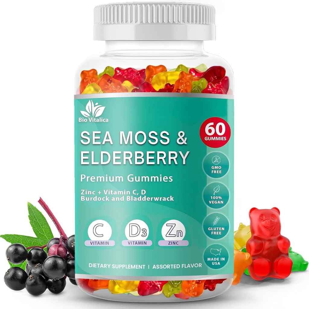 BIO VITALICA Sea Moss Gummies Elderberry BioVitalica - Βιταμίνη C D + Ψευδάργυρος - Irish Seamoss Vegan Gummy με Sea Moss Gel & Powder για Ανοσία, Detox - για Ενήλικες και Παιδιά