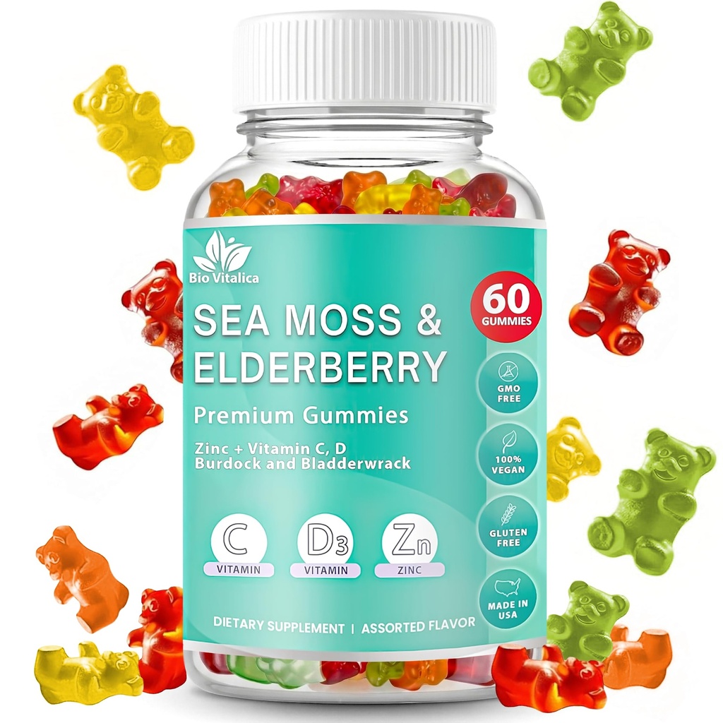 BIO VITALICA Sea Moss Gummies Elderberry BioVitalica - Βιταμίνη C D + Ψευδάργυρος - Irish Seamoss Vegan Gummy με Sea Moss Gel & Powder για Ανοσία, Detox - για Ενήλικες και Παιδιά