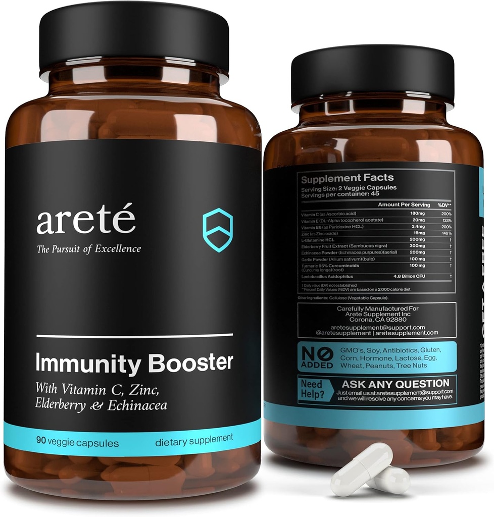 Premium Immunity Booster Supplement – 10 in 1 Natural Respiratory & Immune System Booster, 90 Capsules, Vitamin C, Zinc, Elderberry, Turmeric Curcumin, Garlic, Probiotic Immune Boost Support Vitamins