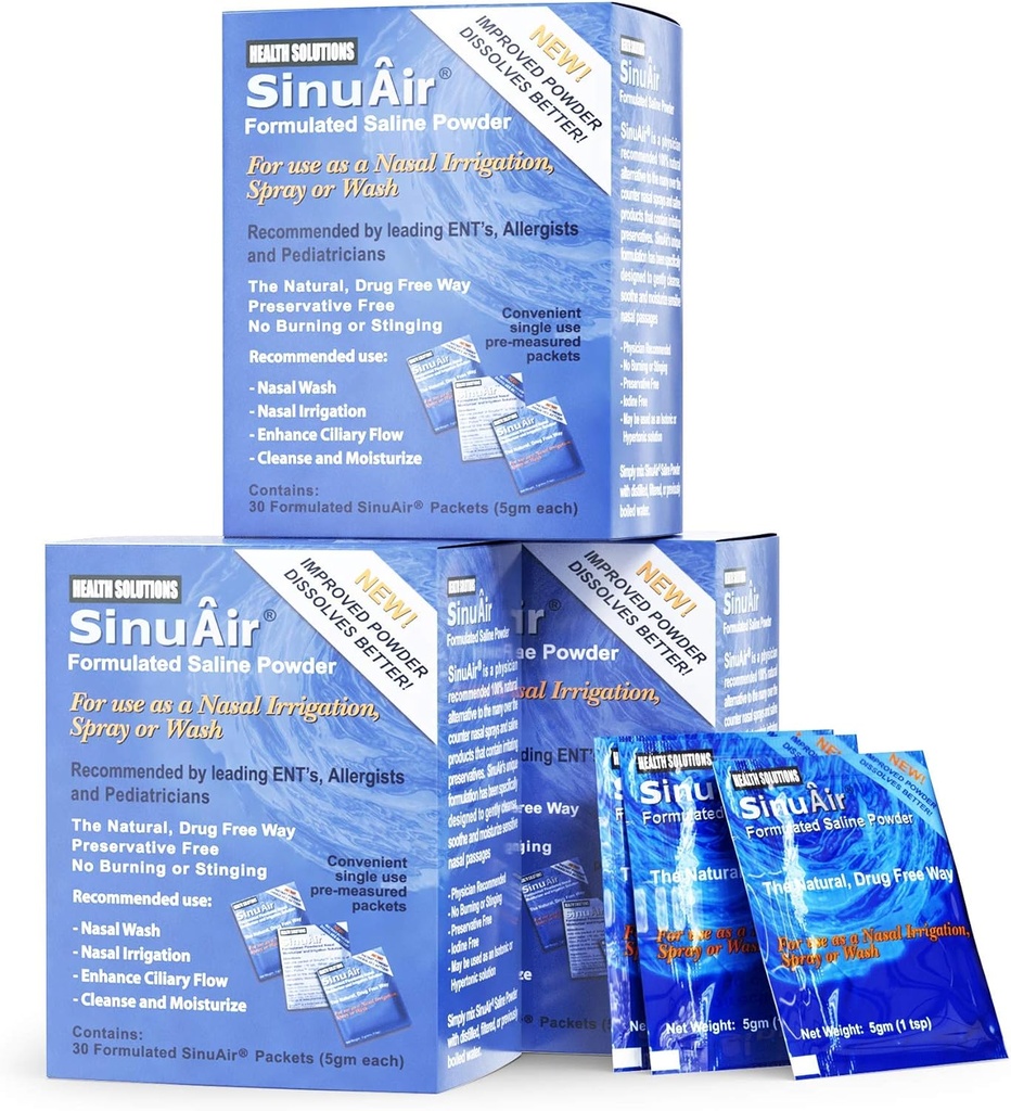 SinuAir Saline Packets για Sinus Rinse - Premixed Salt Solution Powder for SinuPulse Elite System, Neti Pot, Nete Wash Bottle & Nasινικό Άρδευση, 90 Packets