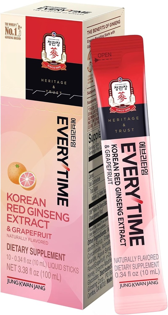 JUNG KWAN JANG Κάθε φορά Korean Red Ginseng Extract 1.000mg & Grapefruit - Vegan Ginseng Root Energy Drink Liquid Stick Συμπληρώματα - Χτίζει Stamina & Immunity, Χωρίς καφεΐνη (10 Sticks, 0.34 fl oz)