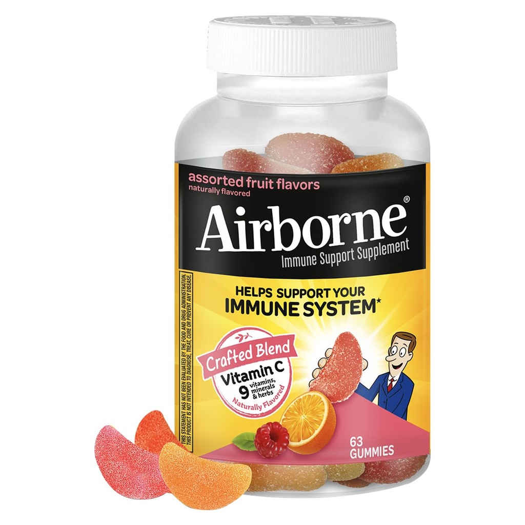 Βιταμίνη C 750mg (ανά Σερβίρισμα) - Airborne Ποικιλία Φρούτων Γεύσεις Gummies (63 Μετρήστε σε ένα μπουκάλι), Gluten-free ανοσοποιητική υποστήριξη συμπλήρωμα με βιταμίνες A C E, Selenium, Echinacea & Ginger