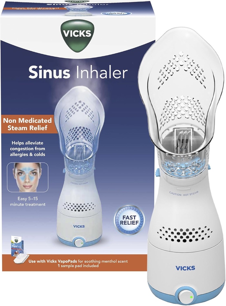 Vicks Sinus Inhaler - Non-Medicated Steam Relief for Allergies, Congestion, Cough & Colds, Vocal Steamer, Soothes Nasal & Throat Passages, Works with VapoPads (1 Included)