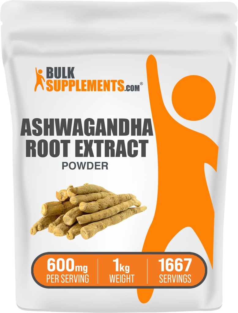 BulkSupplements.com Ashwagandha Root Extract Powder - Ashwagandha Supplement, Herbal Supplement - Vegan & Gluten Free, 600mg per Serving, 1kg (2.2 lbs) (Pack of 1)