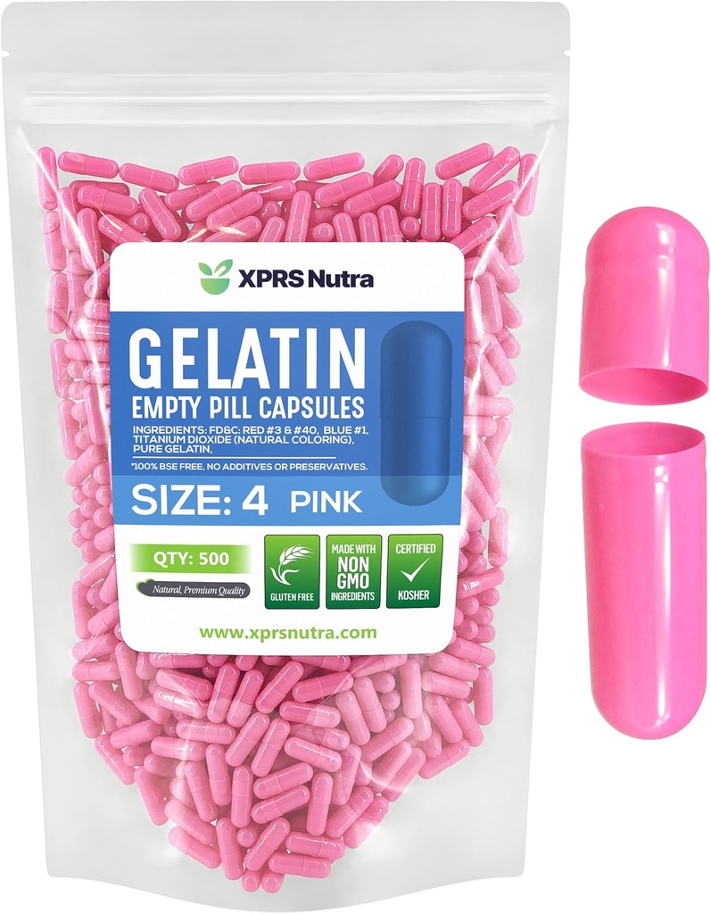 XPRS Nutra Μέγεθος 4 Κενές κάψουλες - 500 Count Empty Gelatin Κάψουλες - Χάπια Gelcaps - DIY Κάλυμμα καψακίου - Καθαρά καπάκια τζελ Μπόβιν Χάπια (Pink)