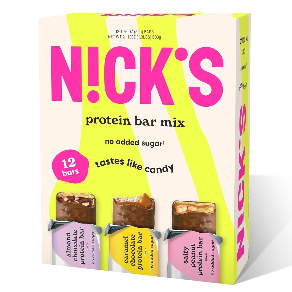 Nick's Protein Bars Chocolate Variety Pack High Protein, Low Calories, Low Carb Keto Friendly Snacks Όχι Προστέθηκε Ζάχαρη, Αλμυρό Φυστίκι, Σοκολάτα Καραμέλ και Σοκολάτα Αμυγδάλου (12 Pack)