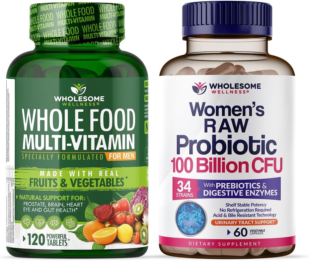Wolesome Wellness Food Multivitamin για άνδρες + Dr. Formulated Ακατέργαστα Προβιοτικά για γυναίκες 100 δισεκατομμύρια CFUs Bundle