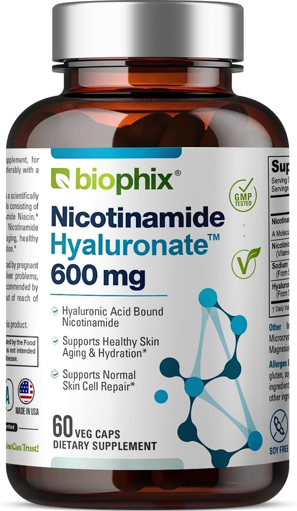 Nicotinamide Hyaluronate 600 mg 60 Vcaps - Natural Flush-Free | Gluten-Free Nicotinic Amide Niacin | Hyaluronic Acid | Supports Skin Health | Healthy Cell Repair Support