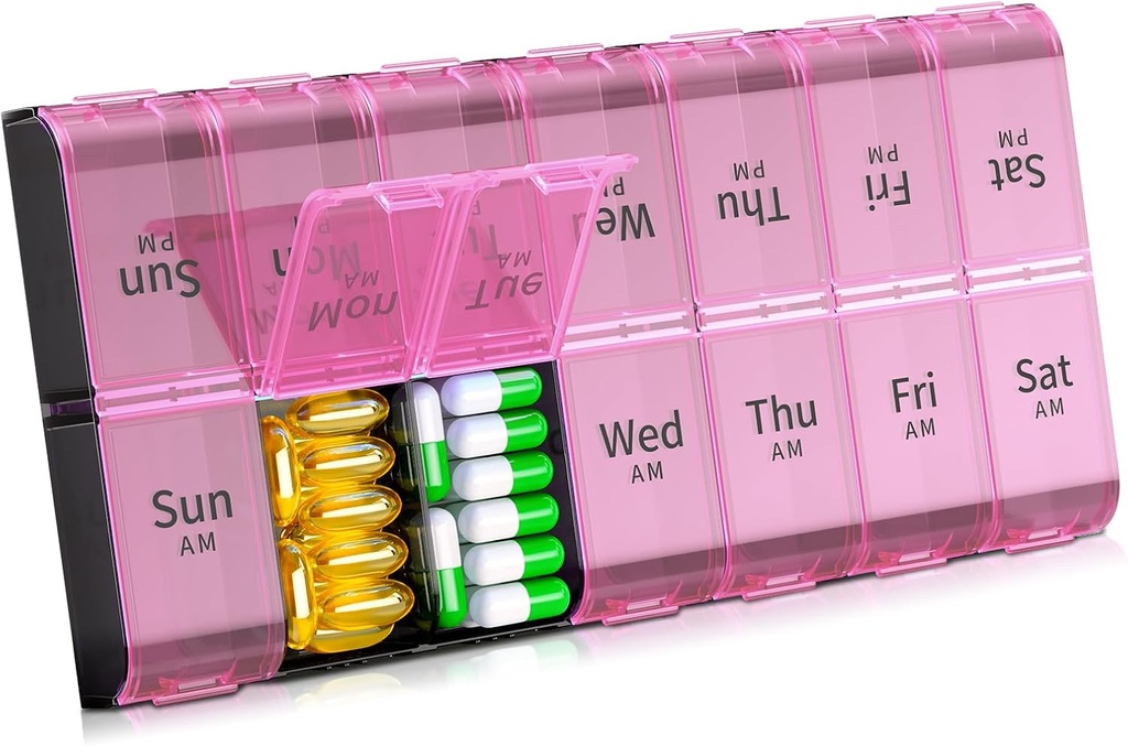 Daviky XL Big Weekly Pill Organizer 2 φορές την ημέρα, Extra Big 7 Day Pill Box AM PM, Daily Pill Case Medicine Organizer with 14 Compartments, Day Night Container for Fish Oils, Vitamin, Συμπλήρωμα