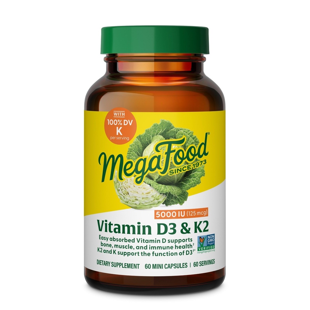 MegaFood Vitamin D3 5000 IU (125 mcg) - Συμπληρώματα χορτοφαγικής με βιταμίνη D3 K2 - Υποστηρίζει οστά, δόντια, μύες & ανοσοποιητική υγεία - Certified Non-GMO - 60 μίνι κάψουλες, 60 εξυπηρετούν