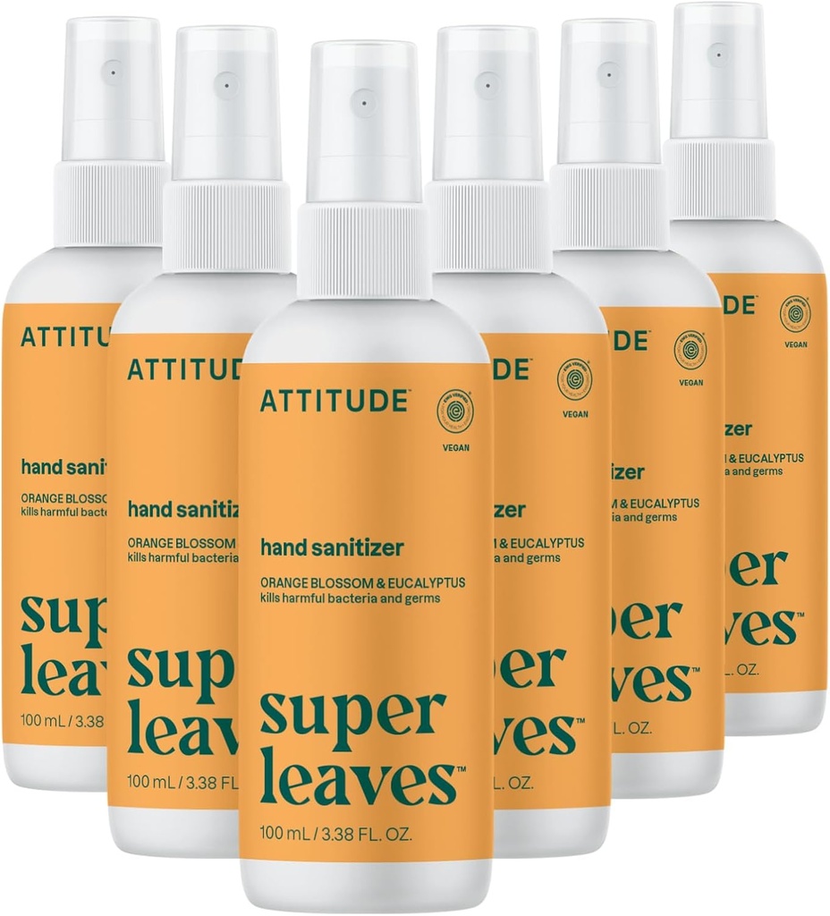ATTITUDE Hand Sanitizer Spray, EWG Επαληθευμένο, Σκοτώνει μικρόβια & βακτήρια, Vegan & Plant-based, Ασφαλές για ενήλικες & παιδιά, Πορτοκαλί Blossom & Ευκάλυπτο Scent, 3.38 Fl Oz (Pack of 6) (Spray Bottle)