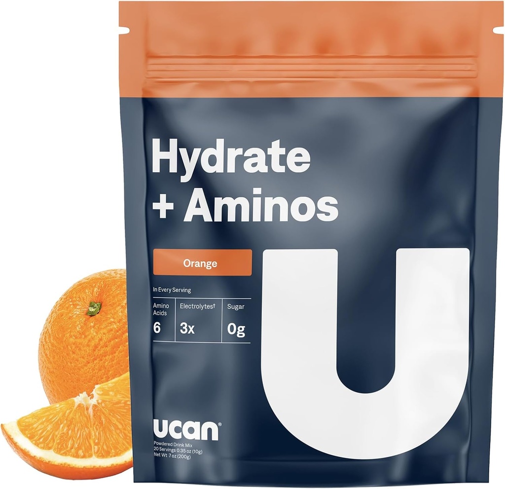 UCAN Hydrate + Aminos, Orange 20 σερβιρίσματος τσάντα, Κέτο, χωρίς ζάχαρη ηλεκτρολύτη + ανάκτηση μυών, Essential Electrolytes + EAAs & BCAAs, Non-GMO, Vegan, για Runners, Gym-Goers, Performance Athletes
