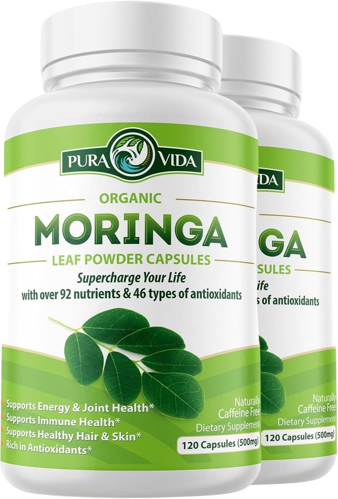 PURA VIDA MORINGA Κάψουλες Ενιαίας Προέλευσης Οργανική σκόνη Moringa. Moringa Leaf. Ενέργεια, Μεταβολισμός, & Ανοσολογική Υποστήριξη. 120ct. 500mg Caps. (Συσκευασία του 2)